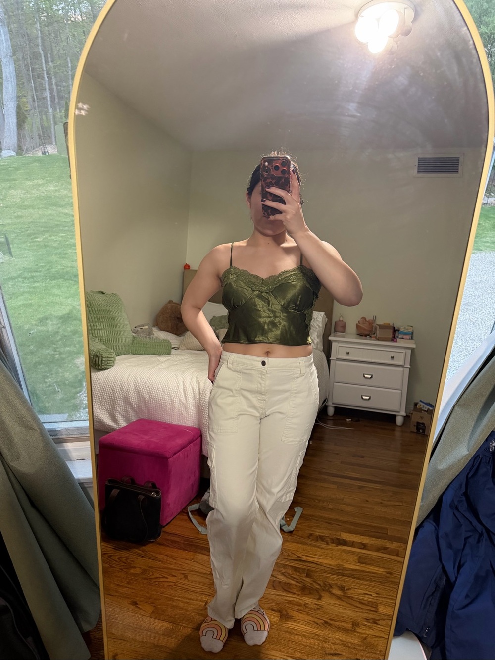 Olive Green Satin Lace Trim Crop Top